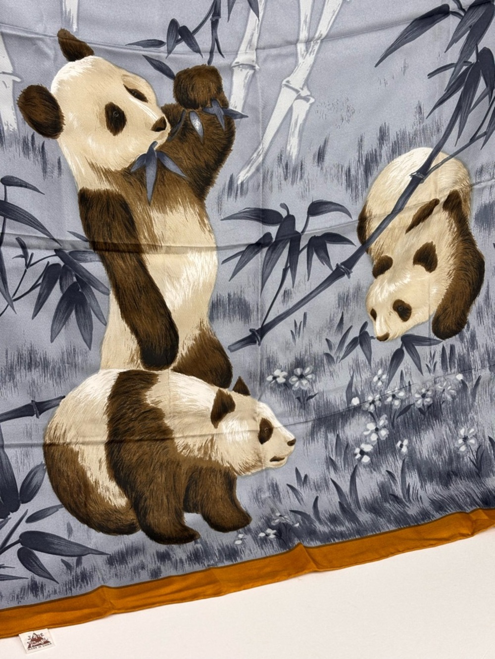 Vintage Panda Scene Silk Head Neck Purse Scarf Blue Grey Mustard Border